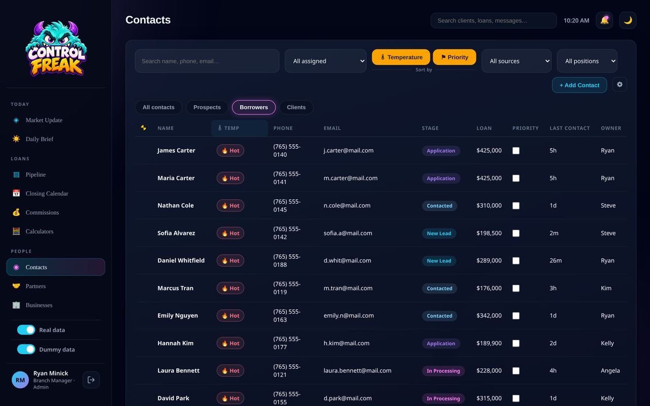 Control Freak contacts screen with sample borrowers